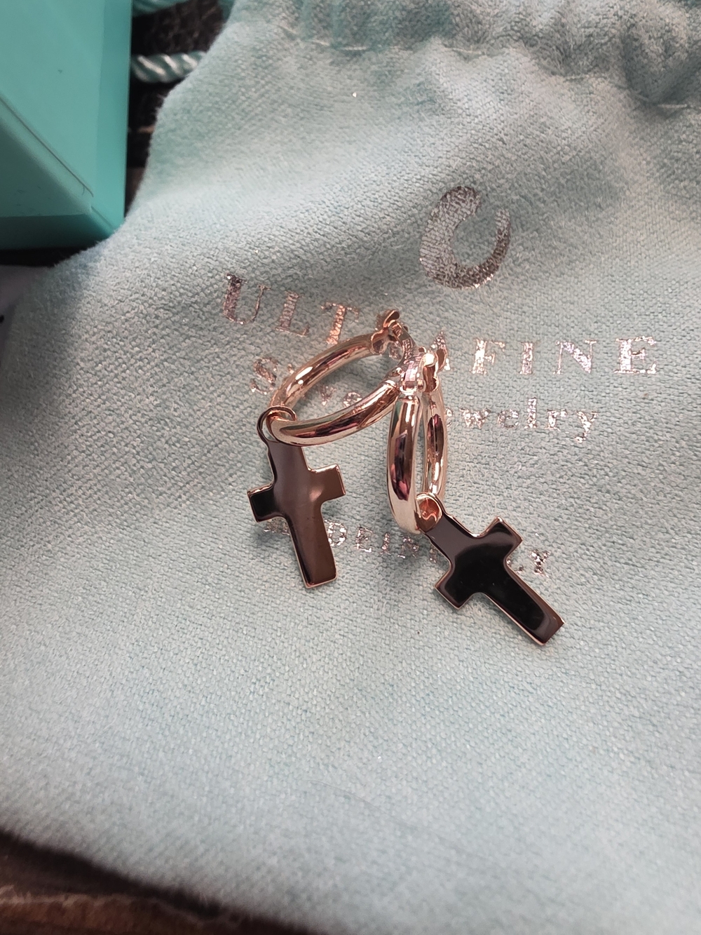 UltraFine 950 Silver Italy 18K Rose Gold Plated Cross Charm Hoop Earrings NIB